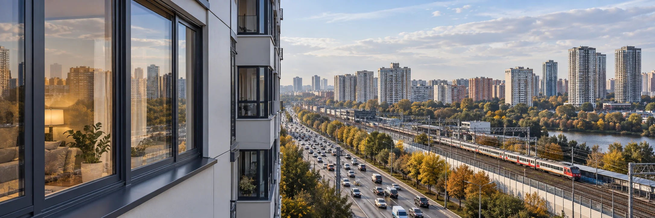 Окна жилых домов Химок рядом с дорогой и железнодорожной линией