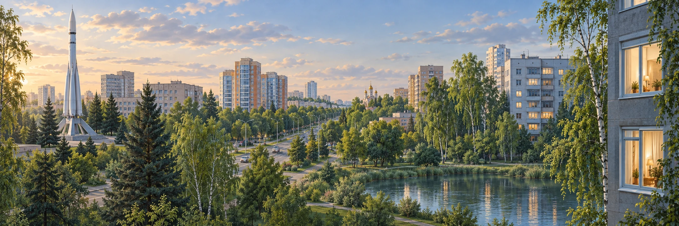 Жилые кварталы Королёва рядом с зелёными зонами и городскими прудами